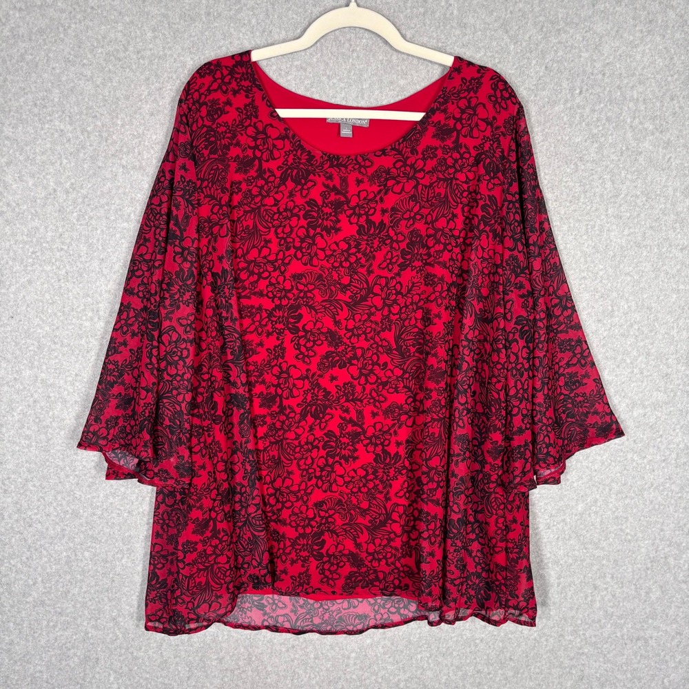 Jessica London Blouse Large Red Black Floral Flowy Whimsigoth‎ Dark Romantic